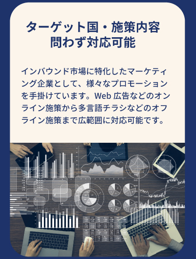 ターゲット国・施策内容問わず対応可能　インバウンド市場に特化したマーケティング企業として、様々なプロモーションを手掛けています。Web広告などのオンライン施策から多言語チラシなどのオフライン施策まで広範囲に対応可能です。