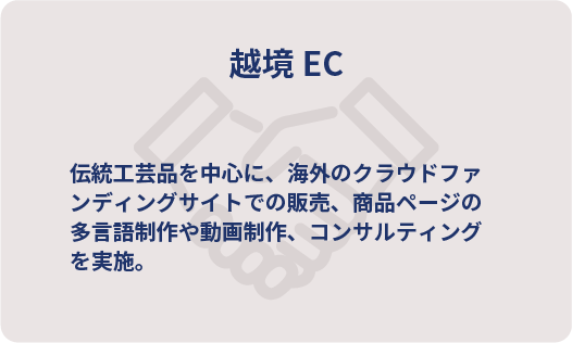 越境EC　伝統工芸品を中心に、海外のクラウドファンディングサイトでの販売、商品ページの多言語制作や動画制作、コンサルティングを実施。