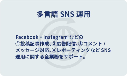 多言語SNS運用　Facebook・Instagramなどの ①投稿記事作成、②広告配信、③コメント/メッセージ対応、④レポーティングなどSNS運用に関する全業務をサポート。